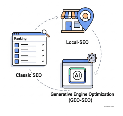 Grafik symbolisiert SEO, GEO-SEO, Local-SEO